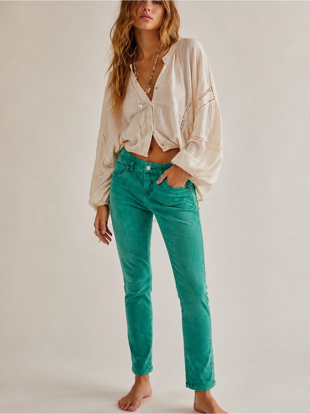 FREE PEOPLE • green corduroy low rise skinny jeans